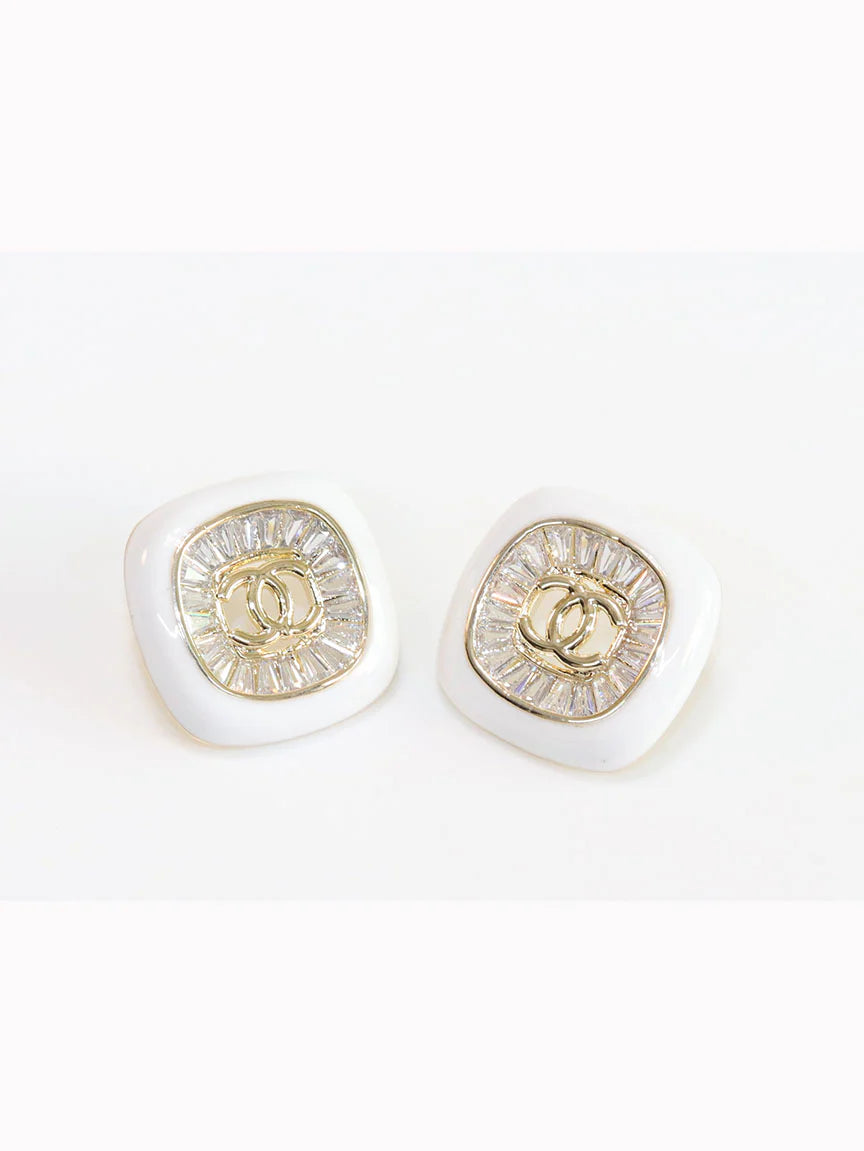 Double C White enamel CZ square studs