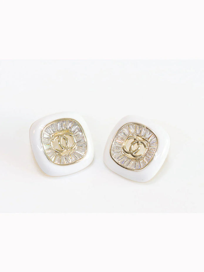 Double C White enamel CZ square studs