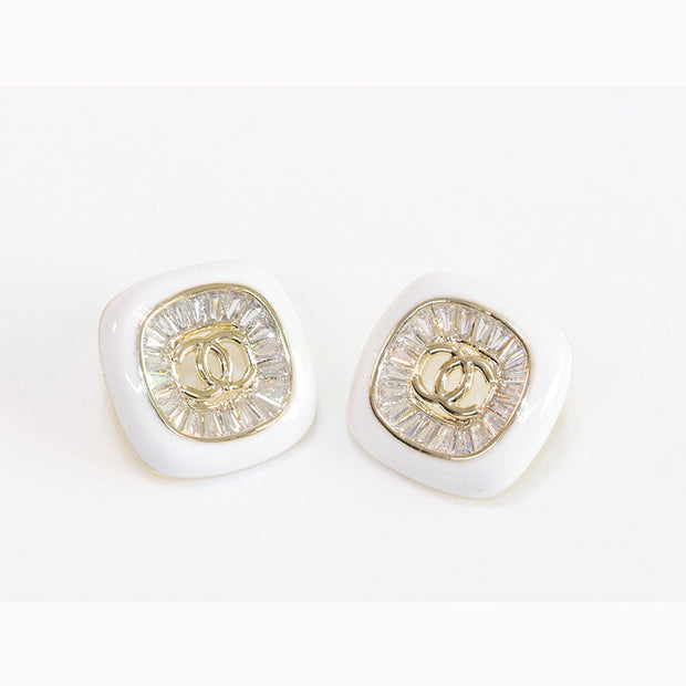 Double C White enamel CZ square studs