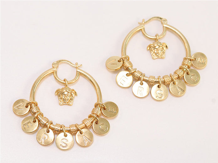 Alphabet embossed charm hoops