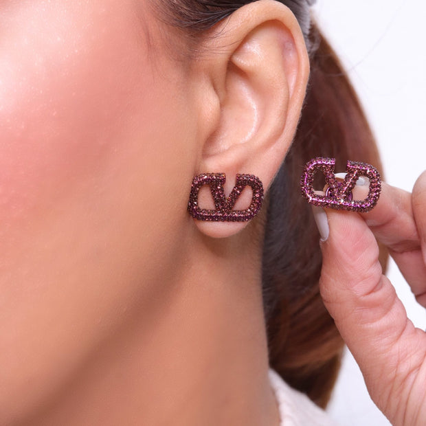 Alphabet V purple cz studs