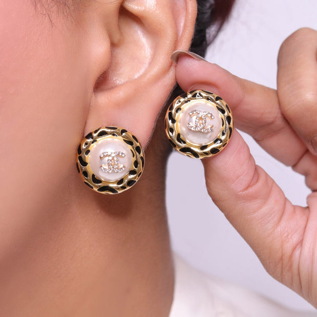Gold double C CZ round black enamel studs