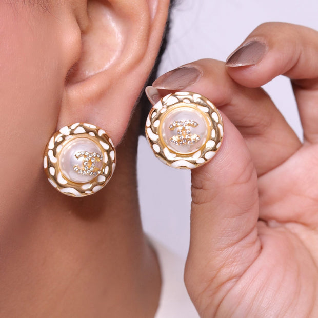 Gold double C CZ round white enamel studs