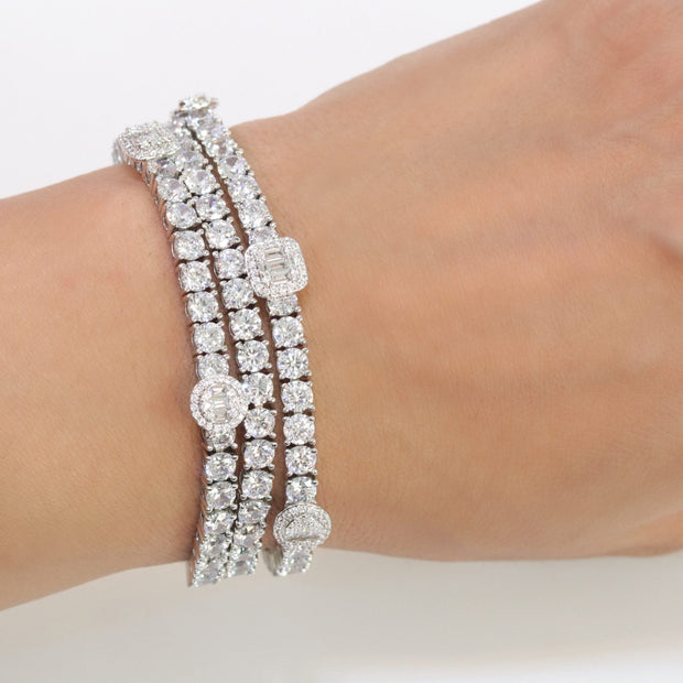 Triple Stacked multiple cut CZ bracelet in platinum finish