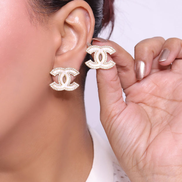 Double C White MOP CZ border earrings