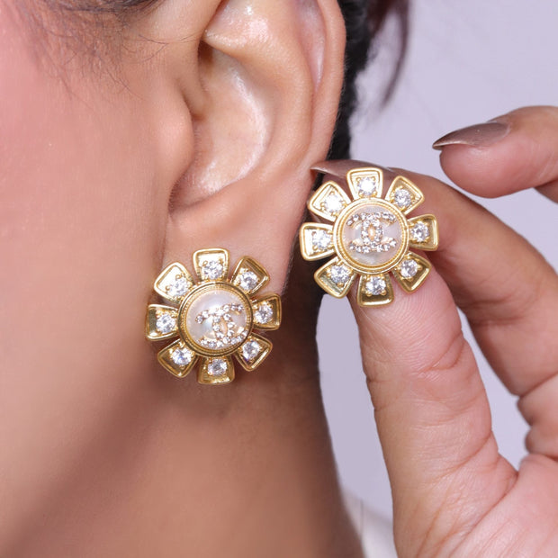 Gold sun double C CZ and Pearl earrings