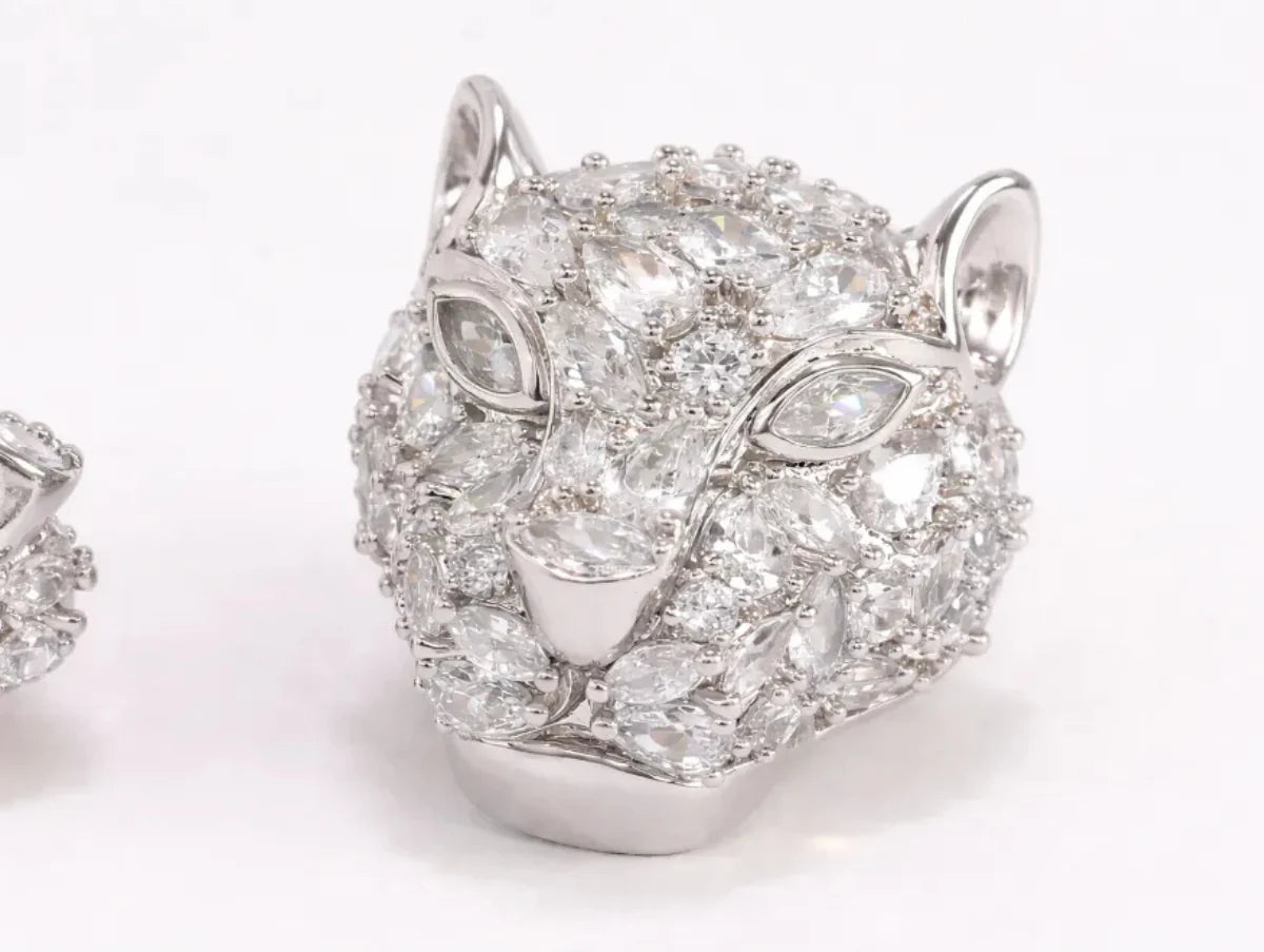 Panther head stud earrings in platinum plating and cz