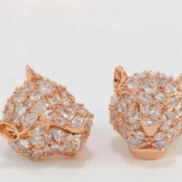 Panther head stud earrings in rose gold plating and cz