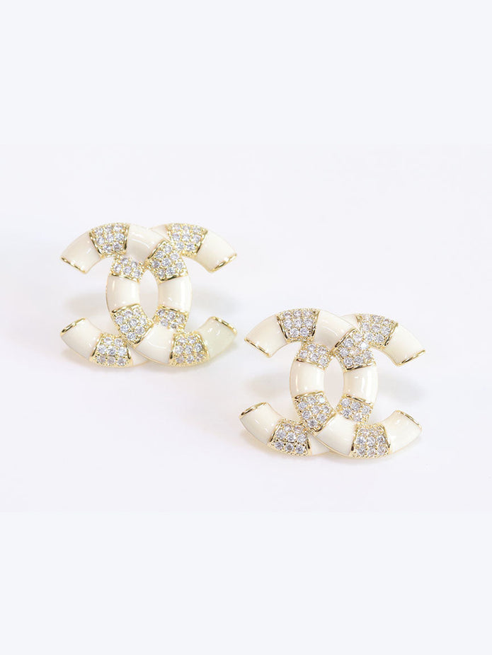 Double C White Enamel CZ  earrings
