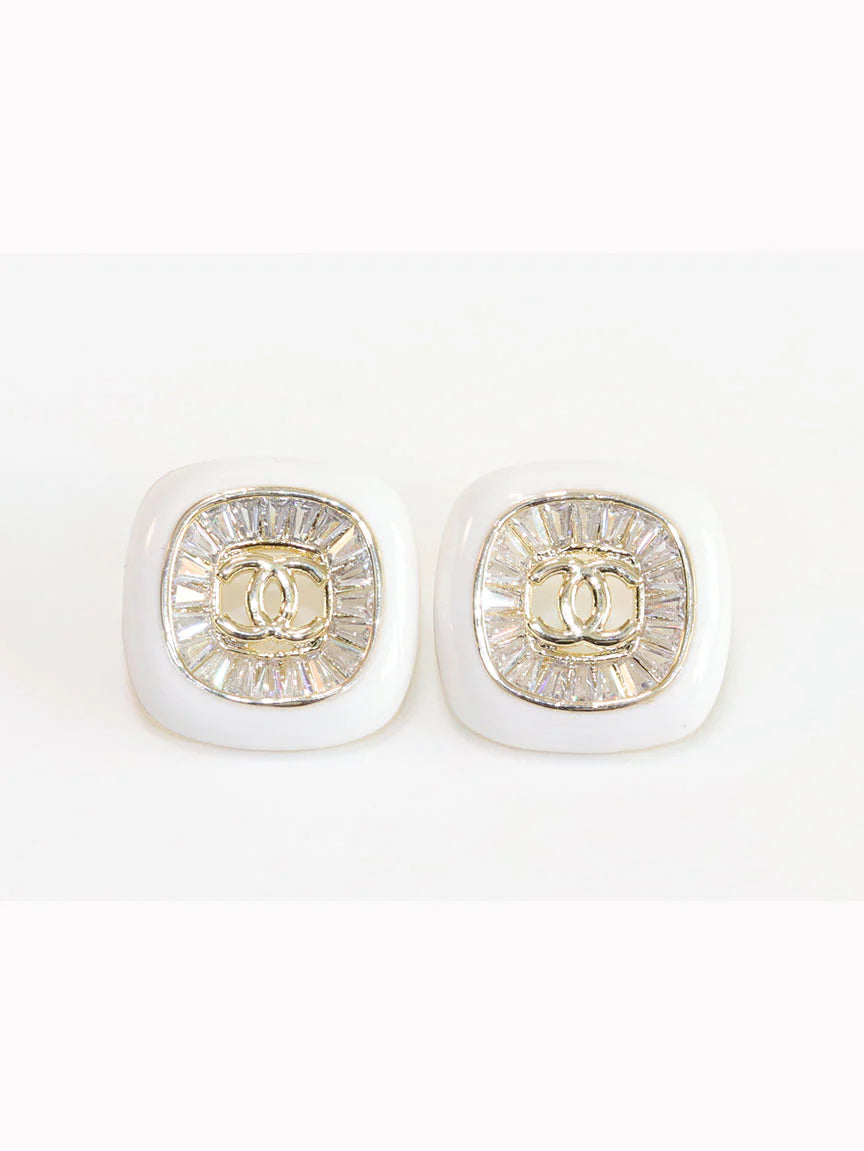 Double C White enamel CZ square studs