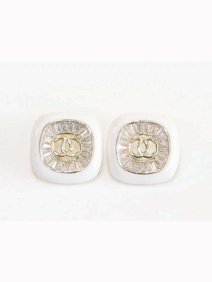 Double C White enamel CZ square studs