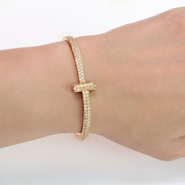 Alphabet T bracelet with full CZ in gold finish