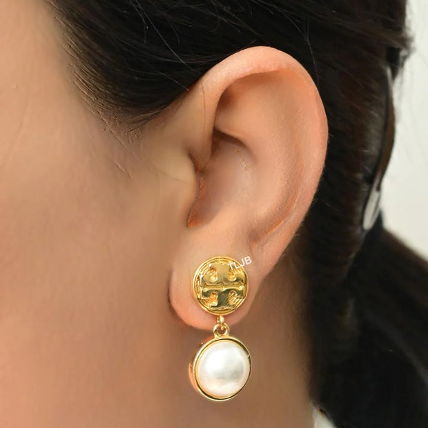 Alphabet T gold and pearl earrings