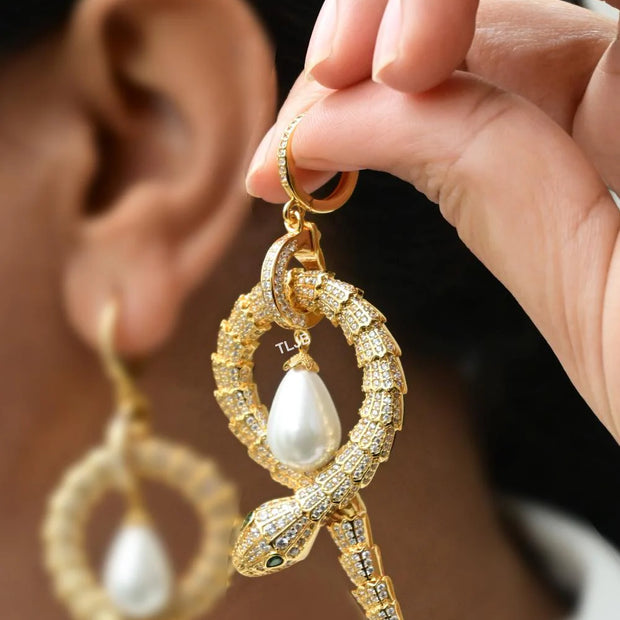 Platinum snake & pearl statement earrings
