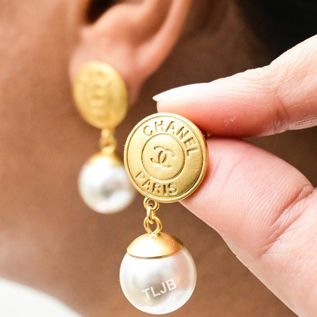 Double C gold round and pearl dangles