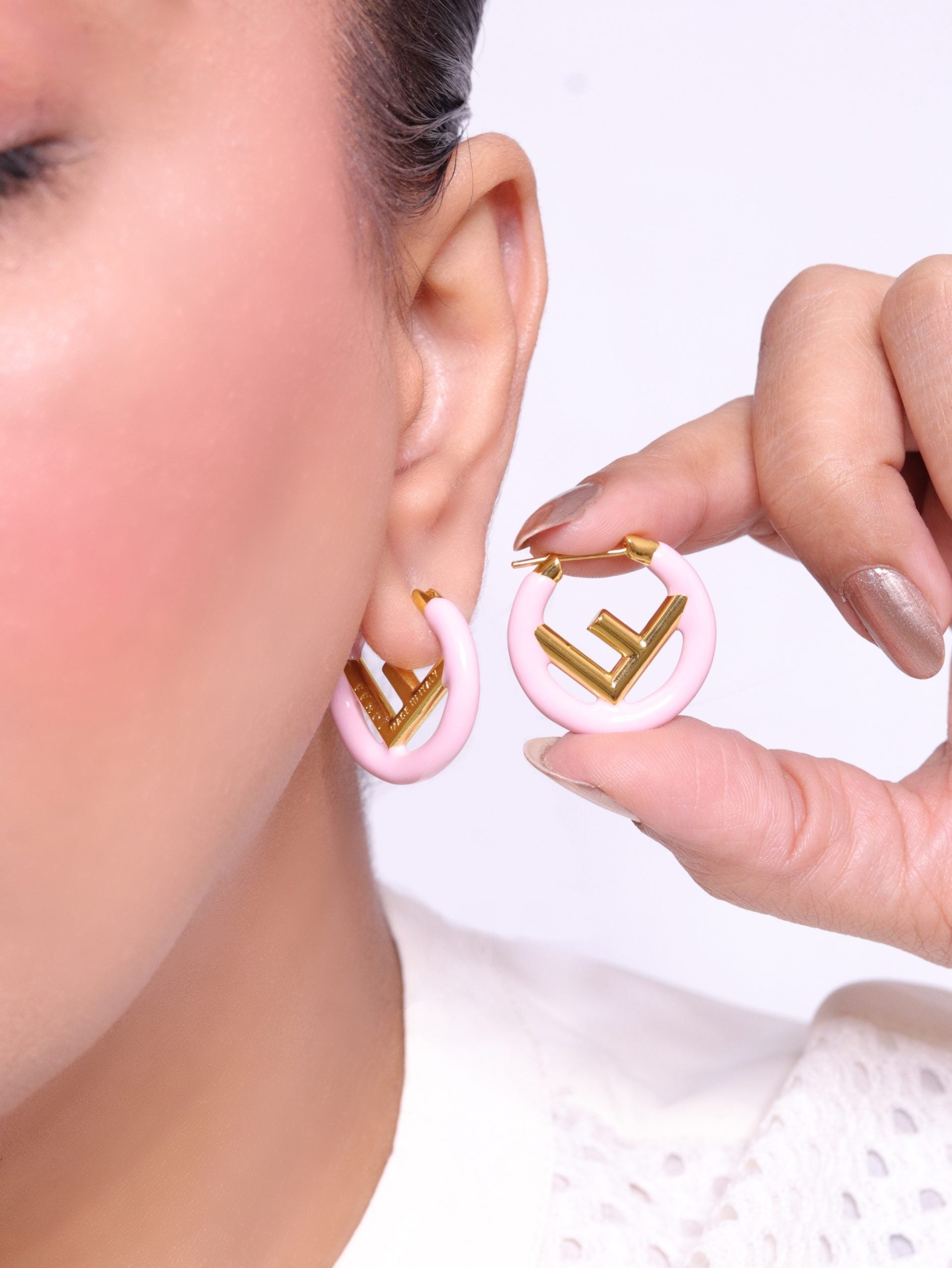 Baby Pink Alphabet F Hoops 25mm