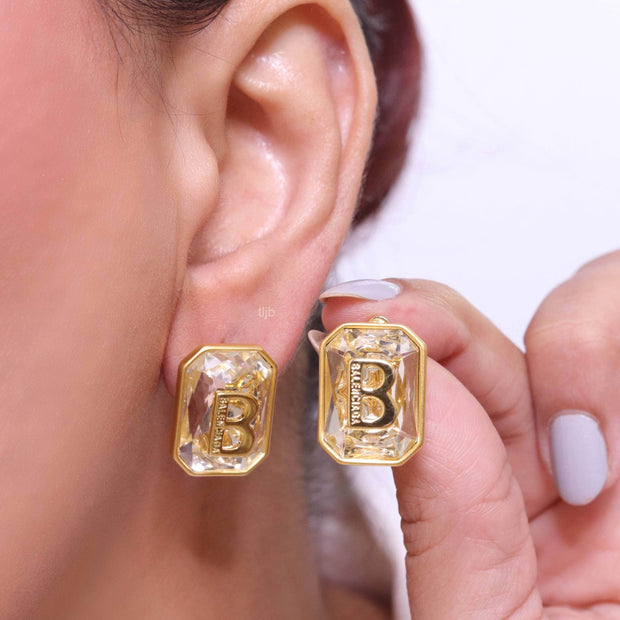 Alphabet B large cz earrings in gold finish