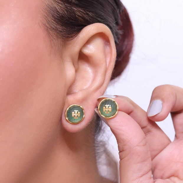 Alphabet T green studs in gold finish