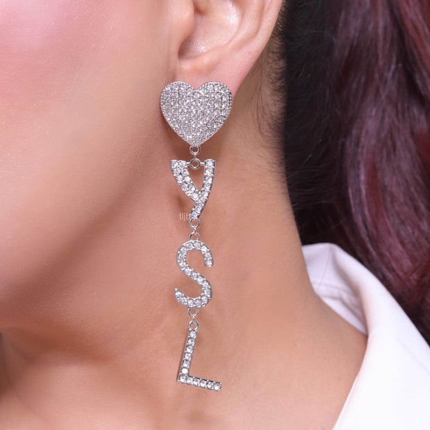 Alphabet Y S and L heart dangles in platinum finish in cz