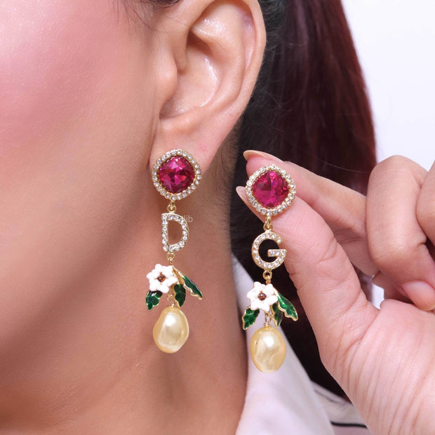 Alphabet D and G multicoloured long dangles in gold finish with cz