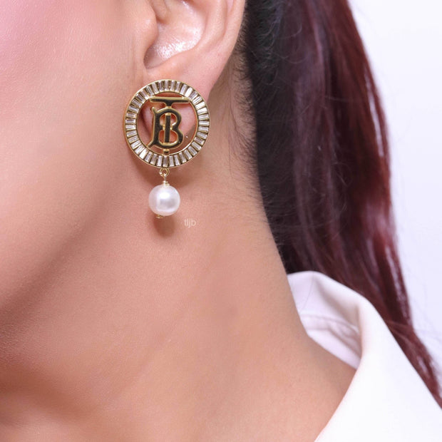 Alphabet B gold circle earrings with pearl and CZ