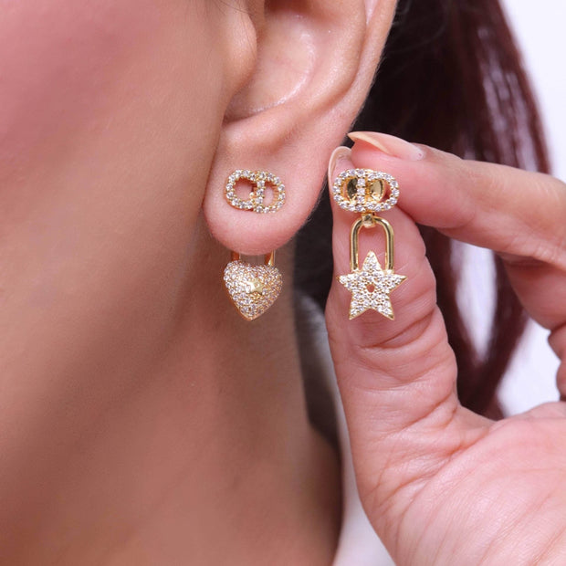 Alphabet C and D lock and star dangling stud in gold finish with cz