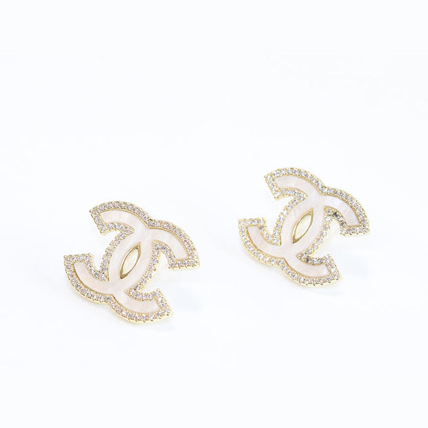 Double C White MOP CZ border earrings