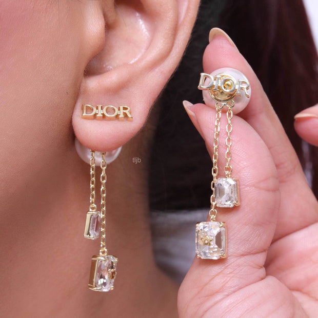 Alphabet C and D dangling pearl studs with CZ