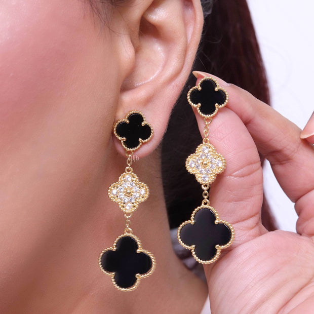 Black and gold cz long flower dangles - MOP / Clover Design