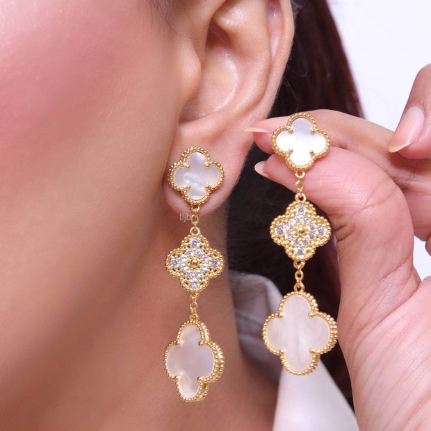 White and gold cz long flower dangles - MOP / clover Design