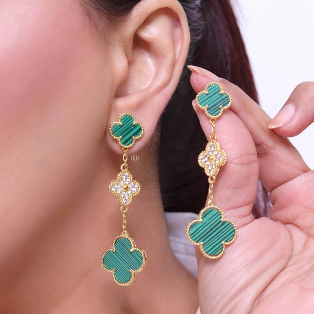 Green and gold cz long flower dangles - MOP / Clover / Malachite Design