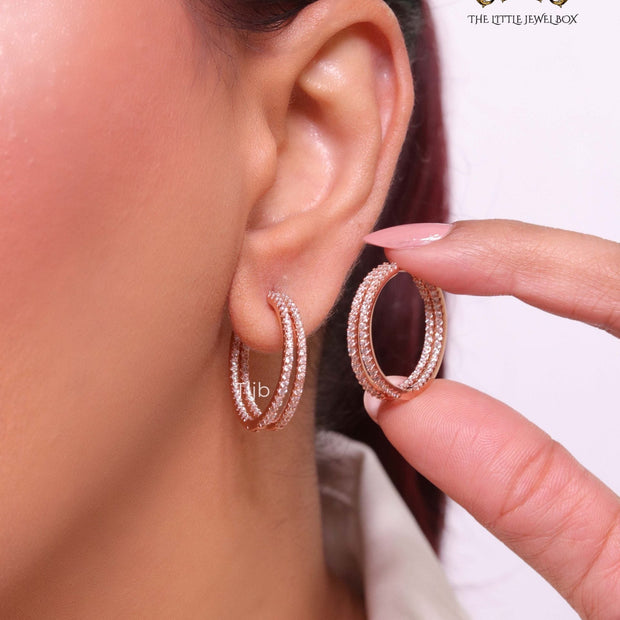 Double layered hoops with CZ in rose gold finish