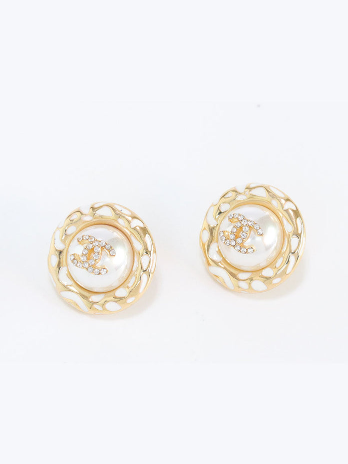Gold double C CZ round white enamel studs