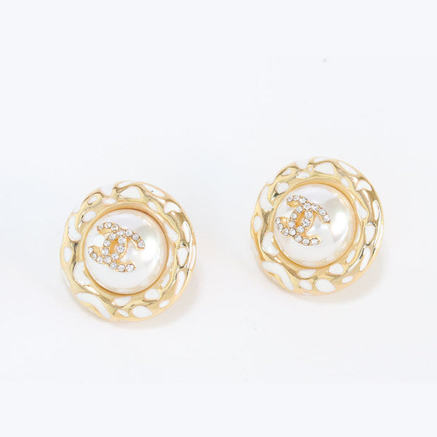 Gold double C CZ round white enamel studs