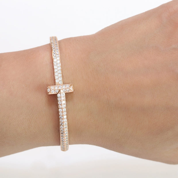 Alphabet T bracelet with full CZ in rose gold finish