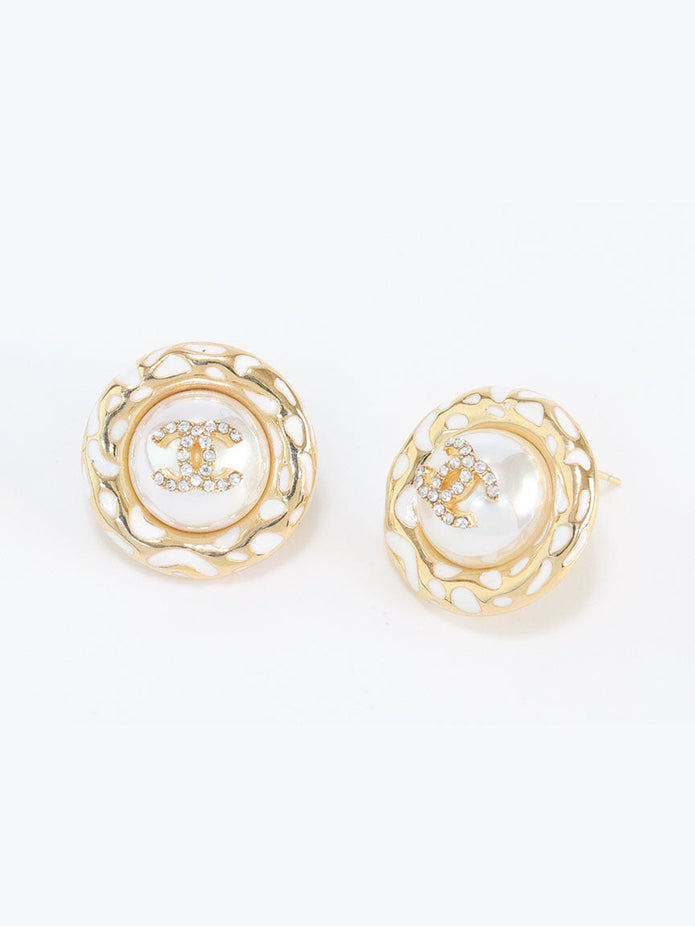 Gold double C CZ round white enamel studs