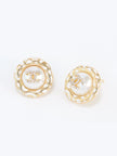 Gold double C CZ round white enamel studs