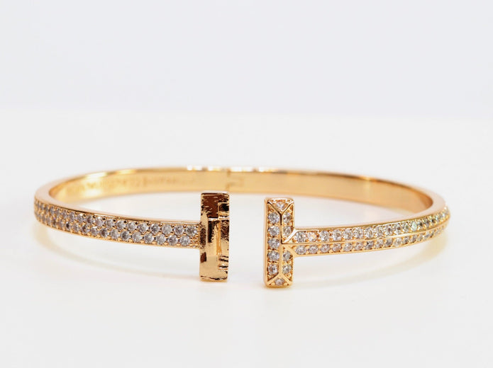 Alphabet T bracelet with full CZ in gold finish