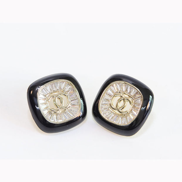 Double C Black enamel CZ square studs