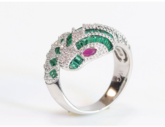 Platinum snake ring with green CZ