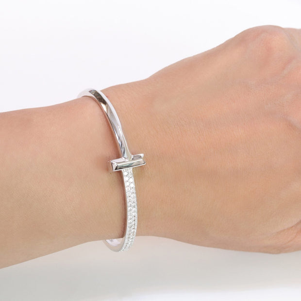 Alphabet T bracelet with half CZ in platinum finish