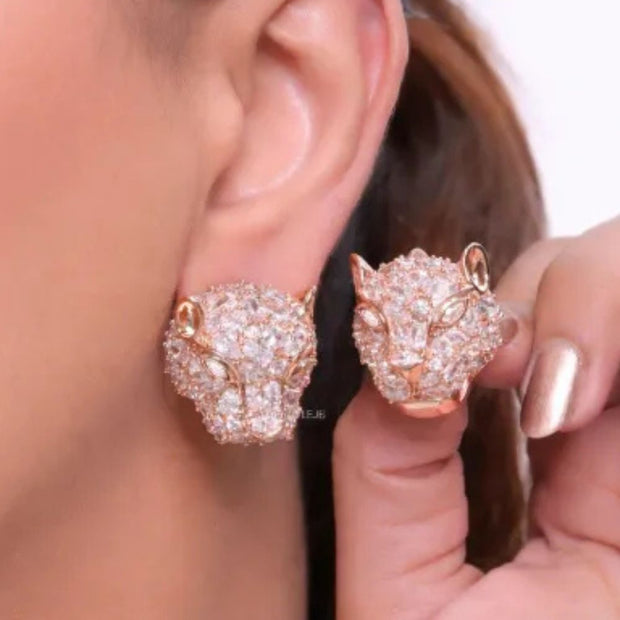 Panther head stud earrings in rose gold plating and cz