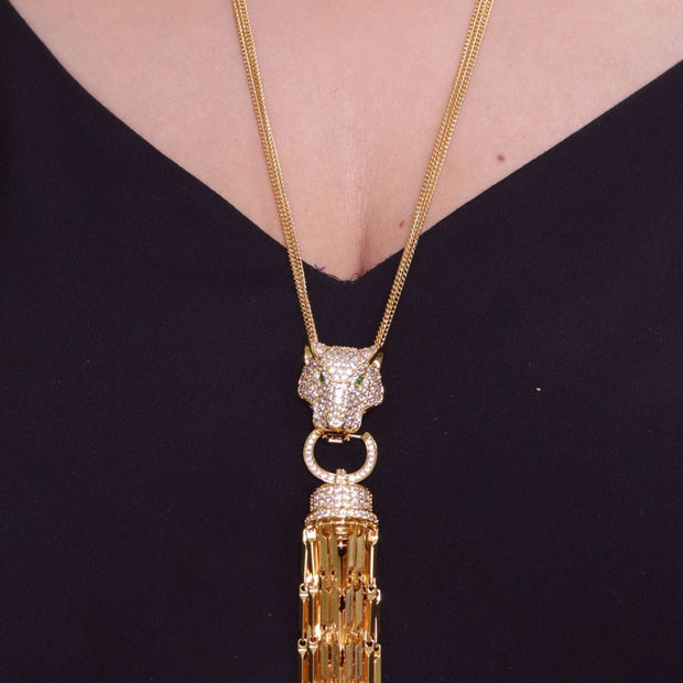 Gold panther face sleek tassel pendant