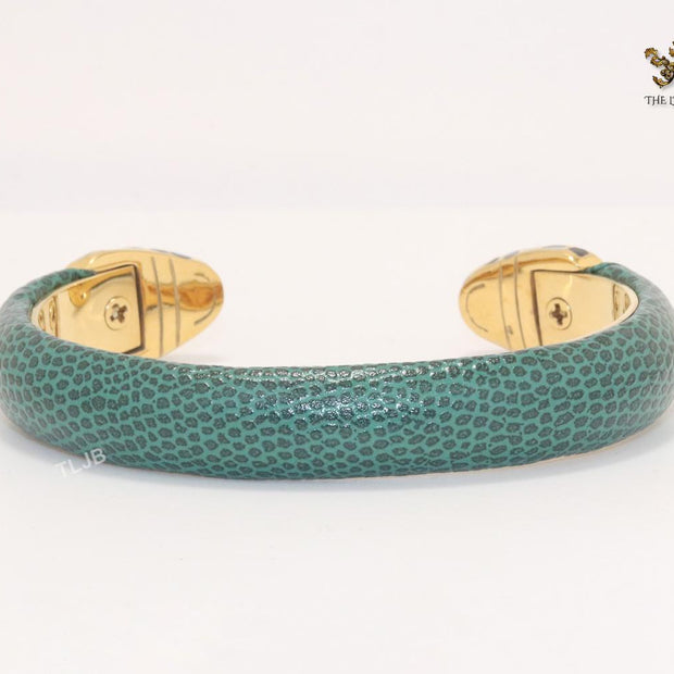 Two snake head green leather bracelet