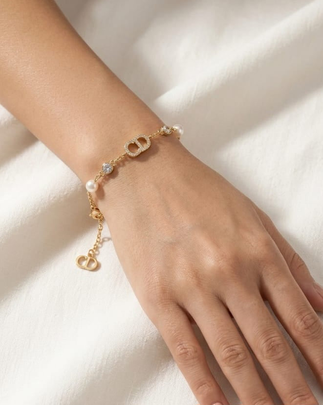 Gold Plated Alphabet CD Bracelet with CZ and Pearl Accents