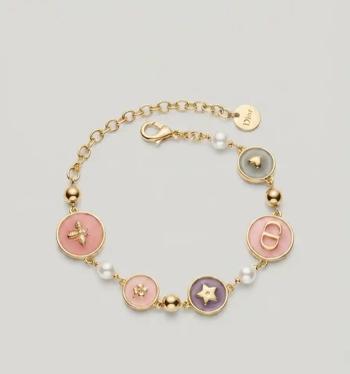 Alphabet CD gold plated multi color pearl bracelet