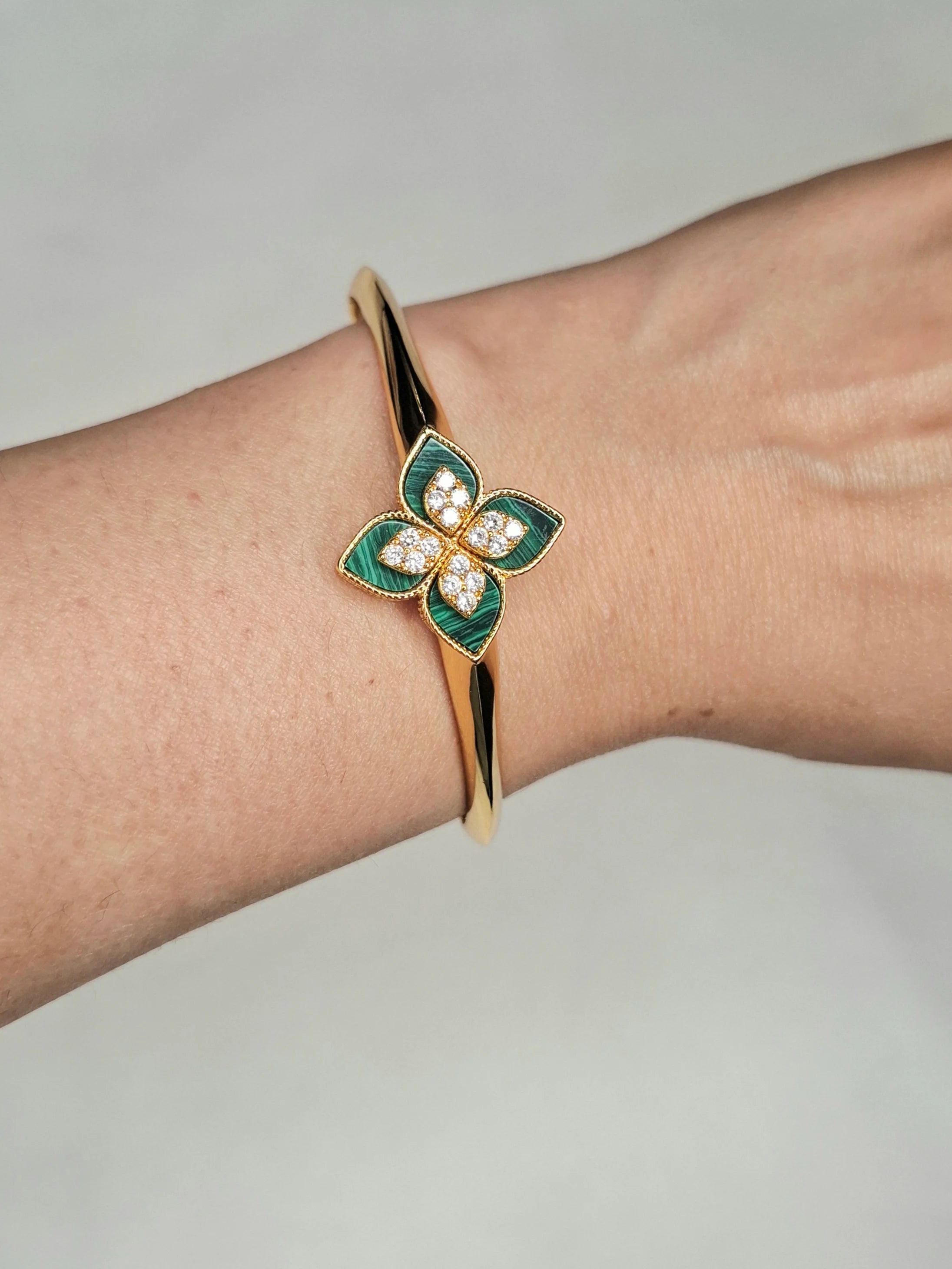 Alphabet RC Green Floral Gold-Tone Bracelet with Sparkling CZ Detailing