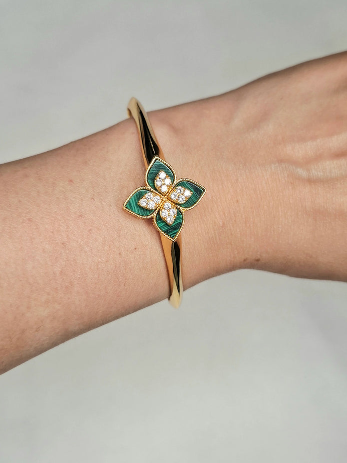 Alphabet RC Green Floral Gold-Tone Bracelet with Sparkling CZ Detailing