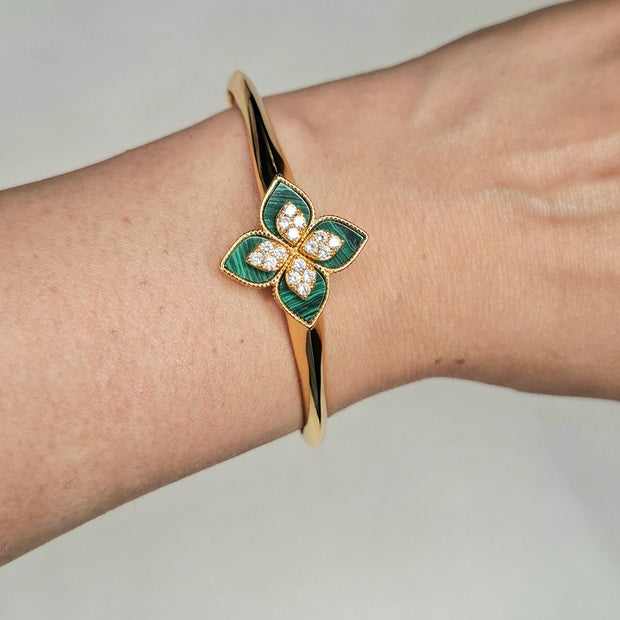 Alphabet RC Green Floral Gold-Tone Bracelet with Sparkling CZ Detailing