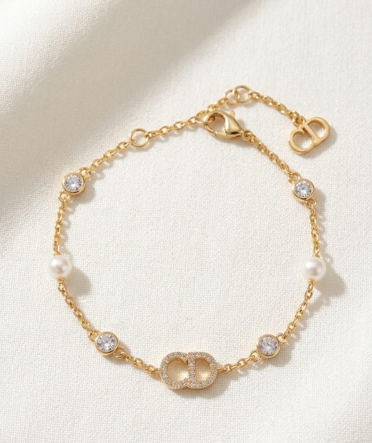 Gold Plated Alphabet CD Bracelet with CZ and Pearl Accents